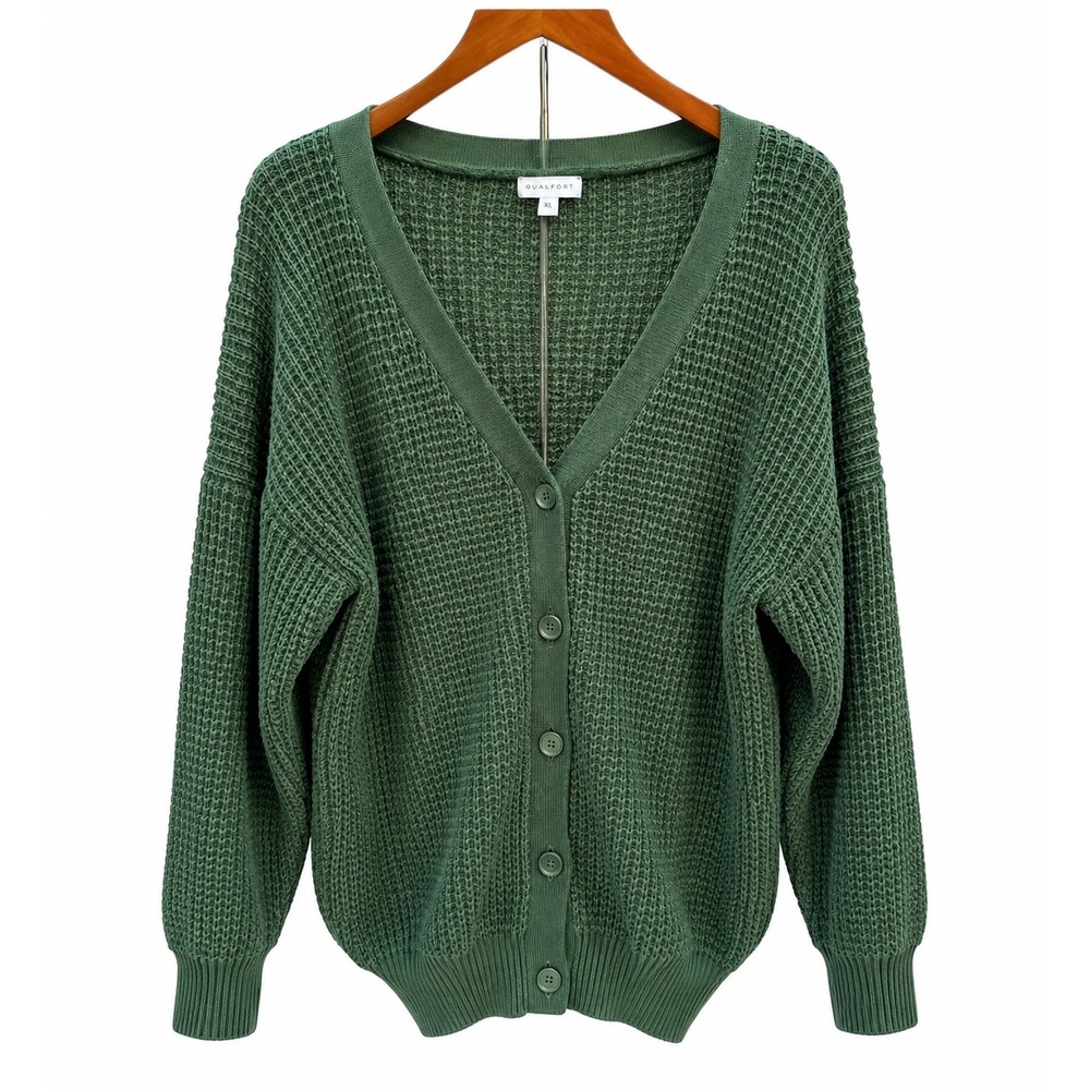 Qualfort Womens XL Forest Green 100% Cotton Waffle Knit V-Neck Button Cardigan